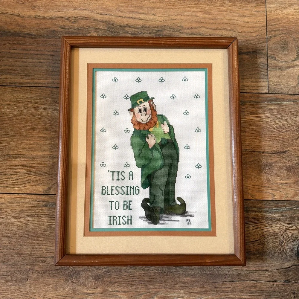 VTG 1989 Framed Irish Leprechaun Cross Stitch 